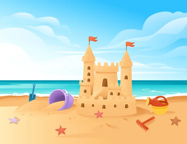 Castillo de arena en la playa feliz pasatiempo de la infancia edificio con pala de arena e ilustración vectorial cubo con playa y cielo despejado — Archivo Imágenes Vectoriales