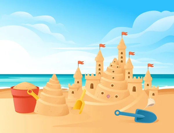 海滩上的沙堡，童年快乐的业余爱好，用沙铲和水桶画图，并配以海滨和晴朗的天空 — 图库矢量图片