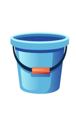 Blue plastic bucket with orange handle grip. Bright cyan container for cleaning and household tasks. Modern two-tone design. Practical storage solution. Vector illustration isolated on white.