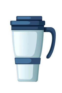 İzole seyahat kupası ve sapı. Açık mavi gövdeli, koyu lacivert kapaklı ve saplı. Sıcak ve soğuk içecekler için modern termal bardak. Kahve için mükemmel, çay hazır. Vektör illüstrasyonu.