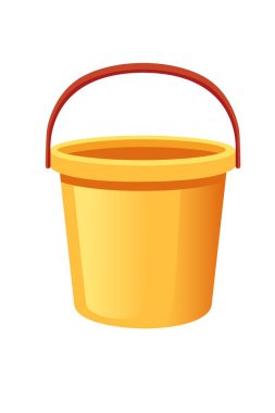 Yellow plastic bucket with red handle. Bright sunny container for cleaning and household needs. Cheerful colorful design for home and garden maintenance. Vector illustration isolated on white.