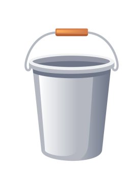 Turuncu saplı gri plastik kova. Ev temizliği ve bakım işleri için hafif nötr konteynır. Rahat kavrayışlı modern basit tasarım. Vektör illüstrasyonu beyaz arkaplanda izole edildi.