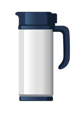 Stainless steel thermos flask. Sleek silver metallic body with navy blue lid and curved handle. Tall cylindrical vacuum insulated bottle. Premium quality thermal container. Vector illustration.