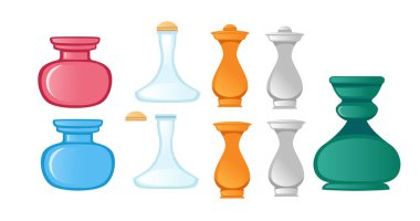 Decorative vase and bottle collection set. Glass containers in pink, blue, orange, and green. Various shapes with stoppers and lids. Elegant perfume bottle designs. Vector illustration on white.