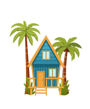Turuncu çatılı ve palmiye ağaçlı cambaz ayaklıklarında mavi bir sahil evi. Ahşap güvertesi ve merdivenleri olan modern bir tropikal tatil evi. Ada bungalov mimarisi. Vektör illüstrasyonu beyazda izole edildi.