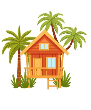 Palmiye ağaçlarıyla çevrili sarı çatılı cambaz ayaklıklarında kırmızı ve turuncu plaj köşkü. Güvertesi ve merdivenleri olan tropik ada tatil evi. Sıcak renk tasarımı. Vektör illüstrasyonu beyazda izole edildi.