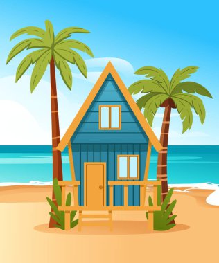 Turuncu çatılı ve ahşap güverteli mavi bir sahil evi. İki palmiye ağacı tropikal kulübenin etrafını sarıyor. Turkuaz okyanus dalgalı kumsal. Vektör illüstrasyonu beyaz arkaplanda izole edildi.