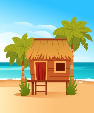 Kahverengi ahşap kulübe sazdan çatılı cambaz ayaklıklarında. Geniş yapraklı iki palmiye ağacı. Okyanus dalgaları ve tropikal bitkilerle kumlu sahil. Geleneksel ada mimarisi. Beyaz üzerine vektör illüstrasyonu.