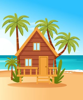 Turuncu çatılı, kahverengi çerçeveli plaj evi. Tropik bungalovu çevreleyen dört palmiye ağacı. Merdivenleri ve korkulukları olan tahta güverte. Vektör illüstrasyonu beyaz arkaplanda izole edildi.