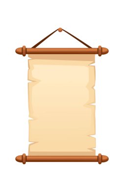 Üzerinde tahta sopalar olan asma parşömen tomarı. İple tutturulmuş bej renkli kağıt. Eski boş ortaçağ belge şablonu. Duyurular için mükemmel. Vektör illüstrasyonu.