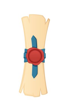 Kırmızı balmumu mühür ve mavi kurdeleli dikey parşömen. Resmi mühürlü bej rengi kağıt. Ortaçağ sertifikası veya diploma şablonu. Otantik detaylara sahip Kraliyet belge tasarımı.