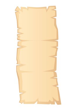 Uzun dikey parşömen tomarı. Yırtık kenarlı eskimiş bej kağıt. Uzun metin içeriği için eski el yazması boş şablon. Bildiriler için ortaçağ belge tasarımı. Vektör illüstrasyonu.