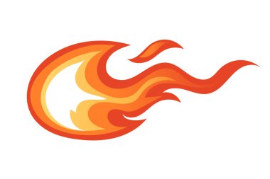 Horizontal fire stream with flowing waves. Orange and red flames moving right with yellow highlights. Dynamic blazing trail for speed concepts. Hot burning effect. Vector illustration.