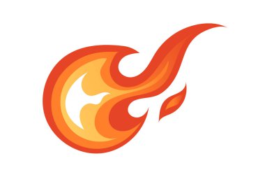 Fireball with curved tail moving left. Bright orange and red flames with yellow core. Dynamic comet effect for games and animations. Hot blazing element. Vector illustration.