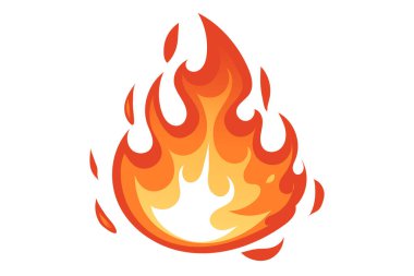 Large vertical flame with wavy motion. Bright orange and yellow fire with red base. Dynamic campfire blazing element for outdoor designs. Hot burning effect. Vector illustration.
