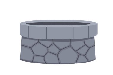 Stone well with gray hexagonal blocks and rock texture. Medieval cylindrical structure for fantasy games. Vector illustration isolated on white background.