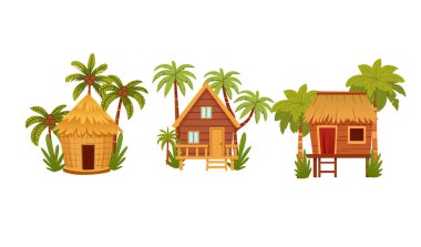 Palmiye ağaçlı tropik yazlık ev koleksiyonu. Sazlı çatıları ve yeşil palmiyeleri olan turuncu ahşap bungalovlar. Ada tatil köyü illüleri için hazırlanıyor. Beyaz üzerine vektör illüstrasyonu.
