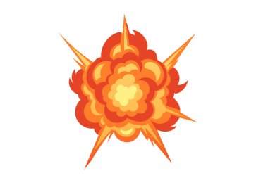 Keskin ışınlı ve parlayan merkezli turuncu ateş topu. Sivri alevlerle patlayan yıldız. Fantezi oyunları ve aksiyon çizimleri için enerji patlaması elementi. Vektör illüstrasyonu beyazda izole edildi.