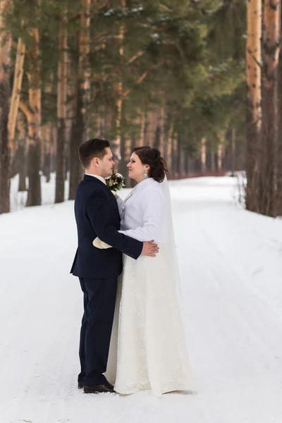 Couple newlyweds walking in a winter forest — Stock Photo, Image