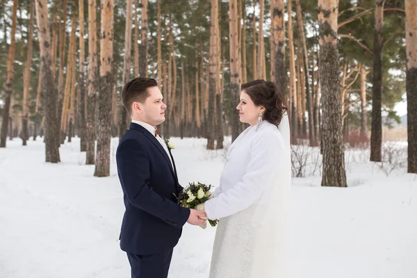 冬の森を歩くカップル新婚夫婦 — ストック写真