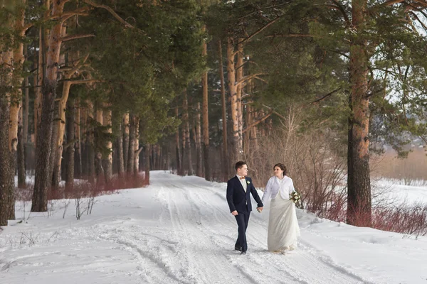 Couple de jeunes mariés marchant dans une forêt d'hiver — Photo