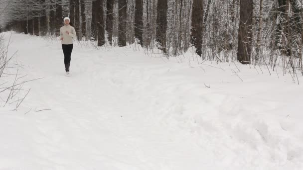 Corriendo en el bosque en invierno — Vídeos de Stock