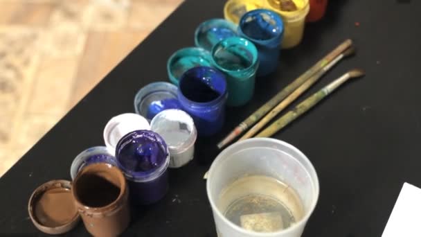 Oil paints and paint brushes on a palette — Stock Video