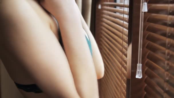 Красивая женщина в сексуальном белье перед окном — стоковое видео