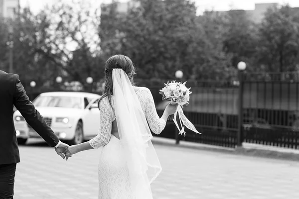 Groom and bride go to car — Stock Photo, Image