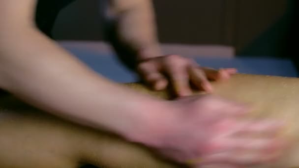 Massagiste frotter les jambes de la femme gommage naturel dans le corps peeling salon spa, gros plan. — Video