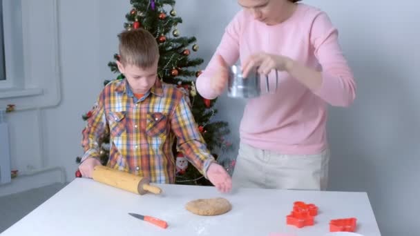 Mutter und Sohn backen gemeinsam Lebkuchenteig für Weihnachtsplätzchen zu Hause. — Stockvideo