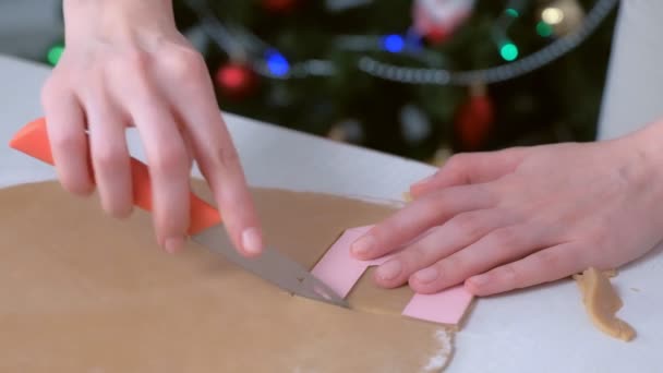 La donna sta tagliando le parti per la casa di pan di zenzero dalla pasta a casa, mani primo piano. — Video Stock