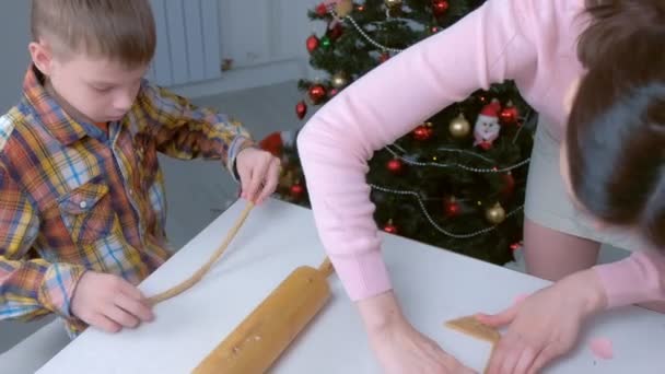 Mãe e filho estão cortando peças para casa de gengibre da massa em casa. — Vídeo de Stock