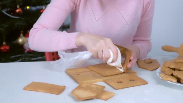 Mulher fazendo gingerbread casa cola detalhes açúcar doce gelo, mãos closeup. — Vídeo de Stock