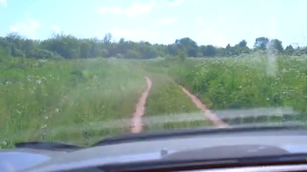 Проезд по сельской дороге на природе, вид изнутри автомобиля через лобовое стекло. — стоковое видео