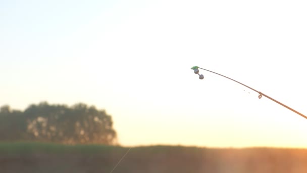 Canne à pêche sur fond de ciel au beau coucher de soleil tôt le matin sur la rivière. — Video
