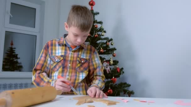 Chłopiec robi pierniki ciasteczka cięcia ciasta na tle choinki. — Wideo stockowe