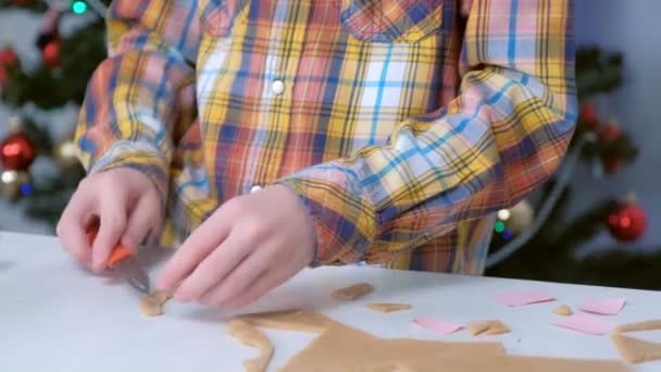 Хлопчик робить імбирне печиво з тіста на фоні ялинки . — стокове відео