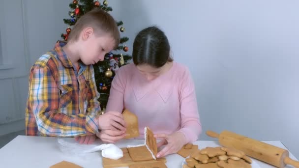 Anne ve oğlu tatlı krema kullanarak detayları birbirine bağlayan zencefilli kurabiye evi yapıyorlar.. — Stok video