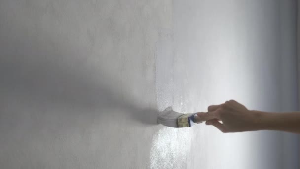 Kobieta maluje białą tapetę ścienną w kolorze szarym za pomocą pędzla, zbliżenie dłoni. — Wideo stockowe
