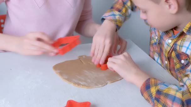 妈妈和儿子正在做圣诞姜饼，把面团切碎. — 图库视频影像