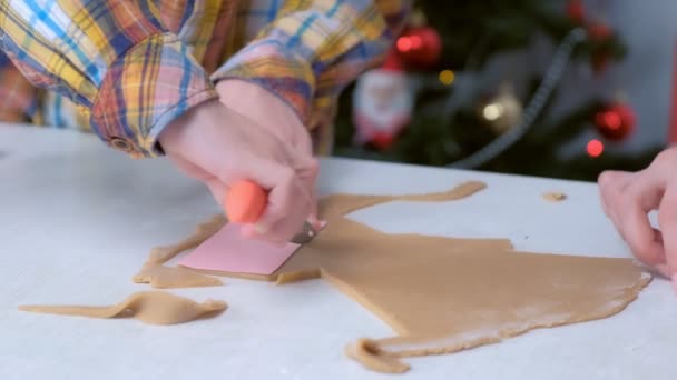 Mother and son are cutting parts for gingerbread house from dough hands closeup. — Stock Video