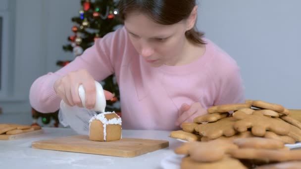 Portrait of woman making gingerbread house glues parts with sugar sweet icing. — Stock Video