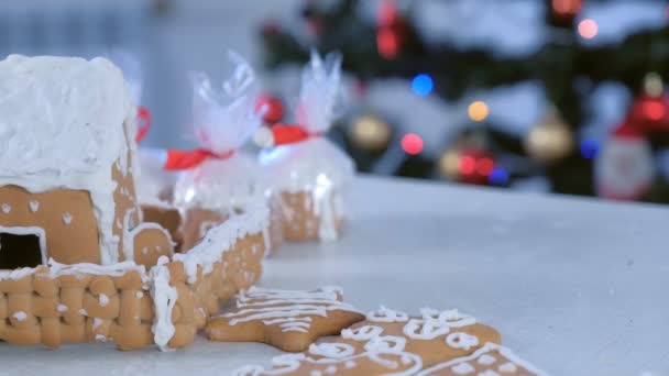 Lebkuchenhäuser und Plätzchen im Paket für Weihnachten auf Baumhintergrund. — Stockvideo