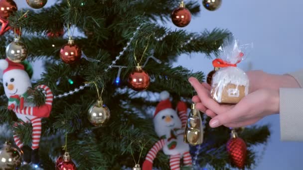 Gingerbread σπίτι σε πακέτο για τα Χριστούγεννα για τα χέρια των γυναικών σε φόντο δέντρο. — Αρχείο Βίντεο