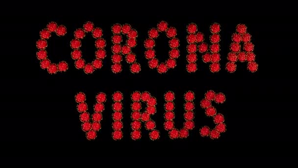 黒の背景にcovid-19ウイルスの赤分子の碑文コロナウイルス. — ストック動画