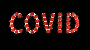 Siyah zemin üzerinde kırmızı covid-19 molekülleri ile beyaz metin covid.