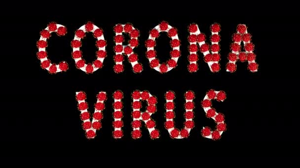 Weißer Text Corona-Virus mit roten Molekülen von Covid-19 auf schwarzem Hintergrund. — Stockvideo