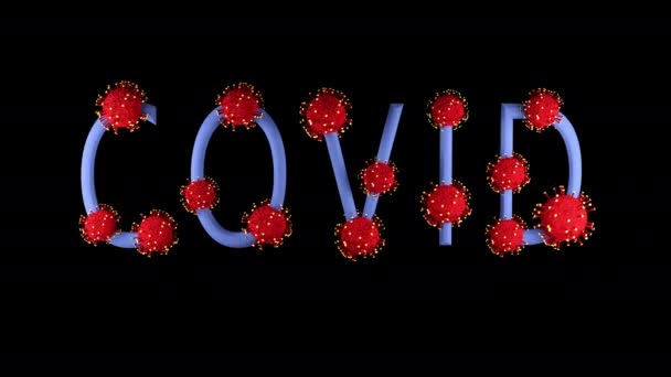 Modrý textový covid s červenými molekulami covid-19 na černém pozadí. — Stock video