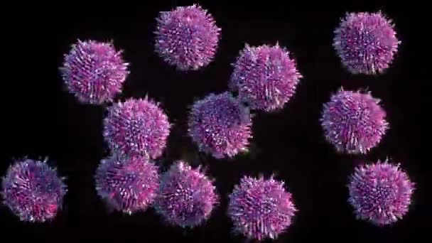 Pink balls, spheres with not sharp spikes, sticks around it on black background. — Vídeo de Stock